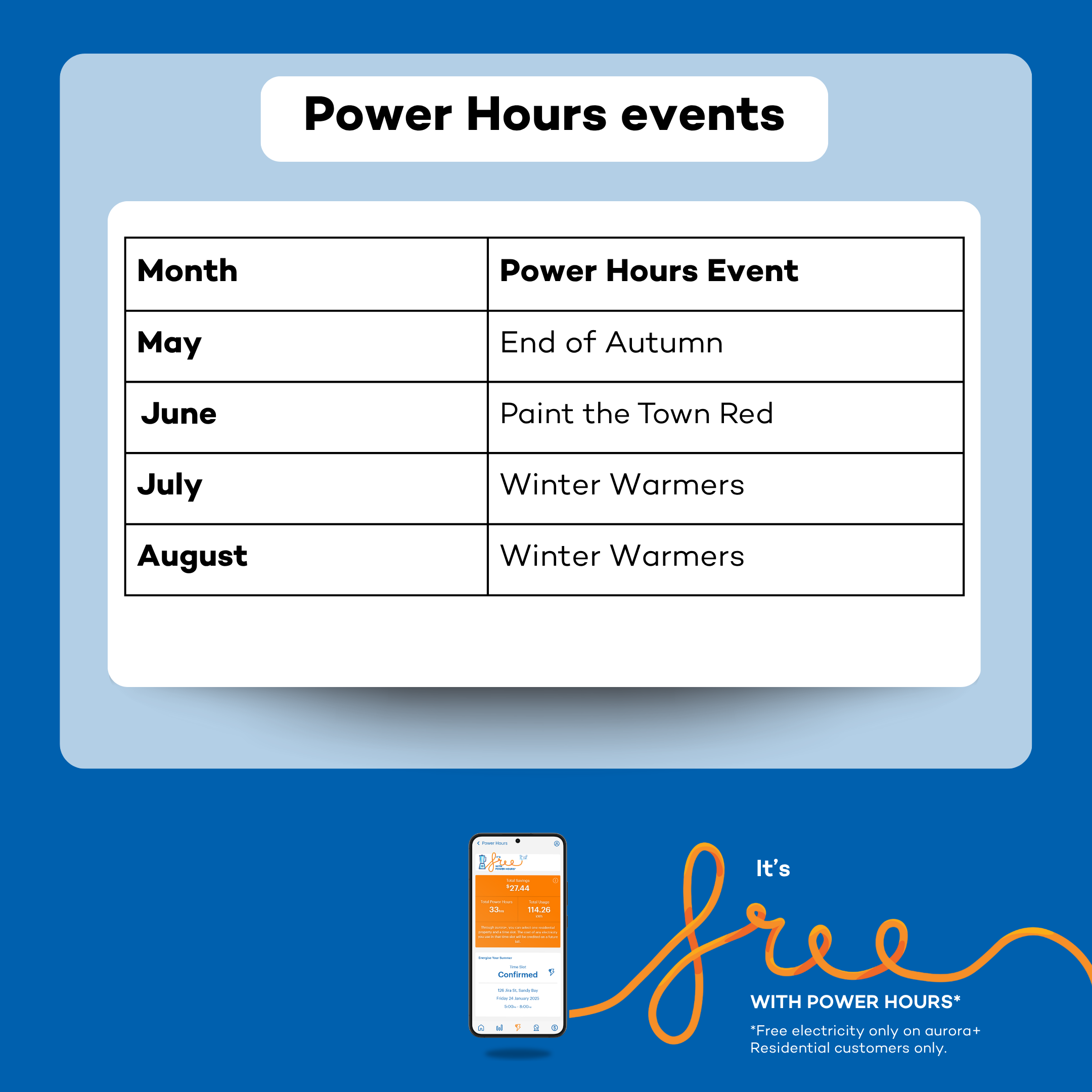 Power Hours calendar image. Events showing, May - End of Autumn, May/June/July/August - Winter Warmer events.