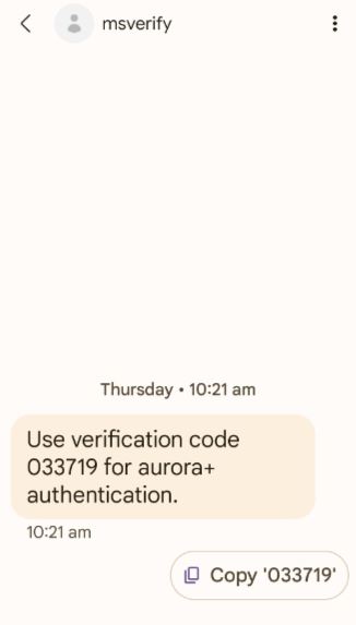 aurora+ MFA SMS message