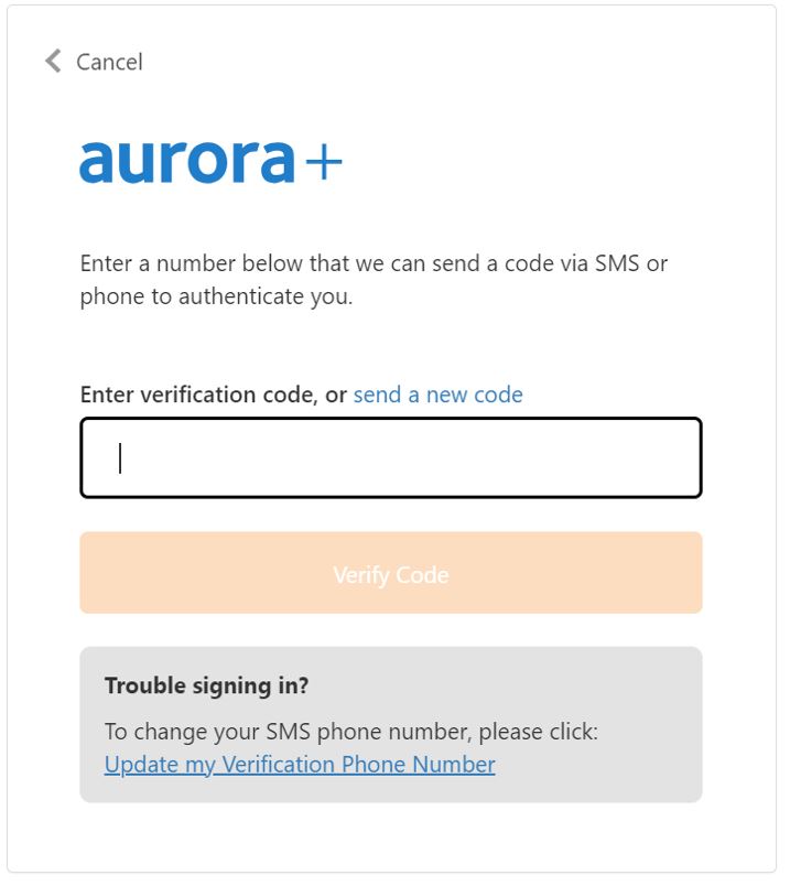 aurora+ MFA code screen