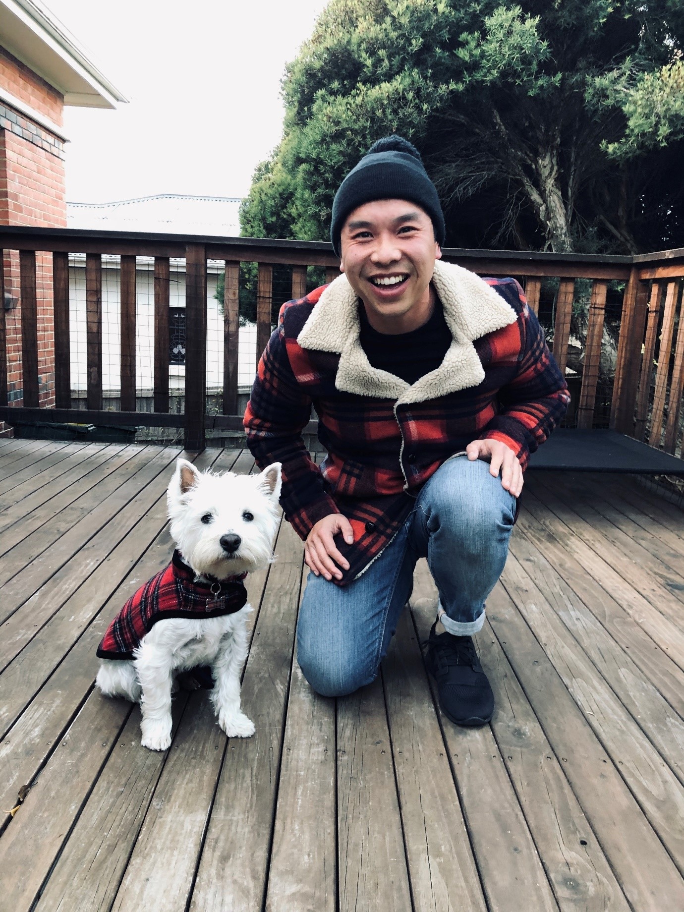 Tino and his dog Winston in matching coats
